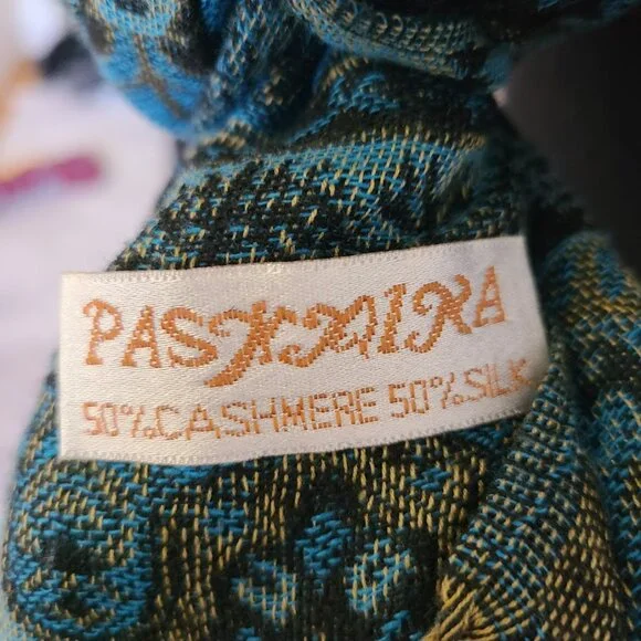 Pashmina Shawl Scarf Cashmere Silk Teal Blue Turquoise Black Paisley Wrap 68x26 - Picture 7 of 7